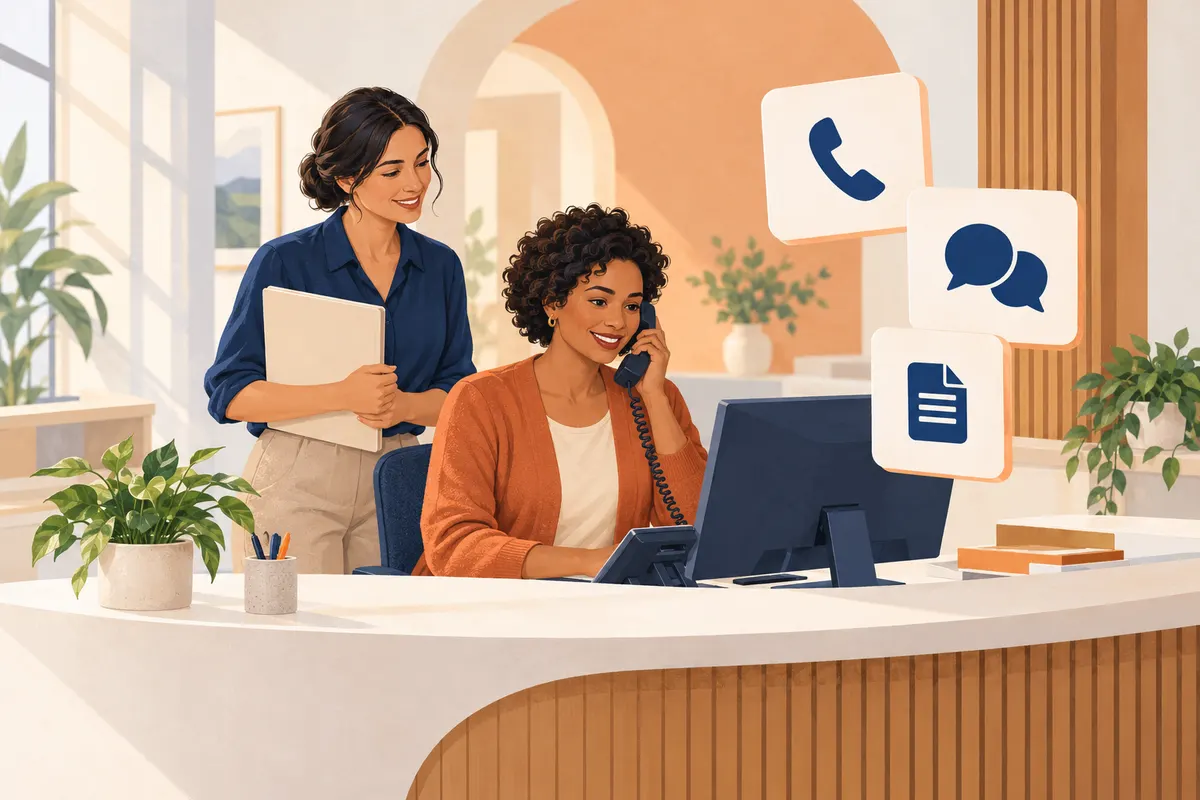 Illustration of two colleagues at a welcoming front desk, with symbols for calling, business texting and digital documents.